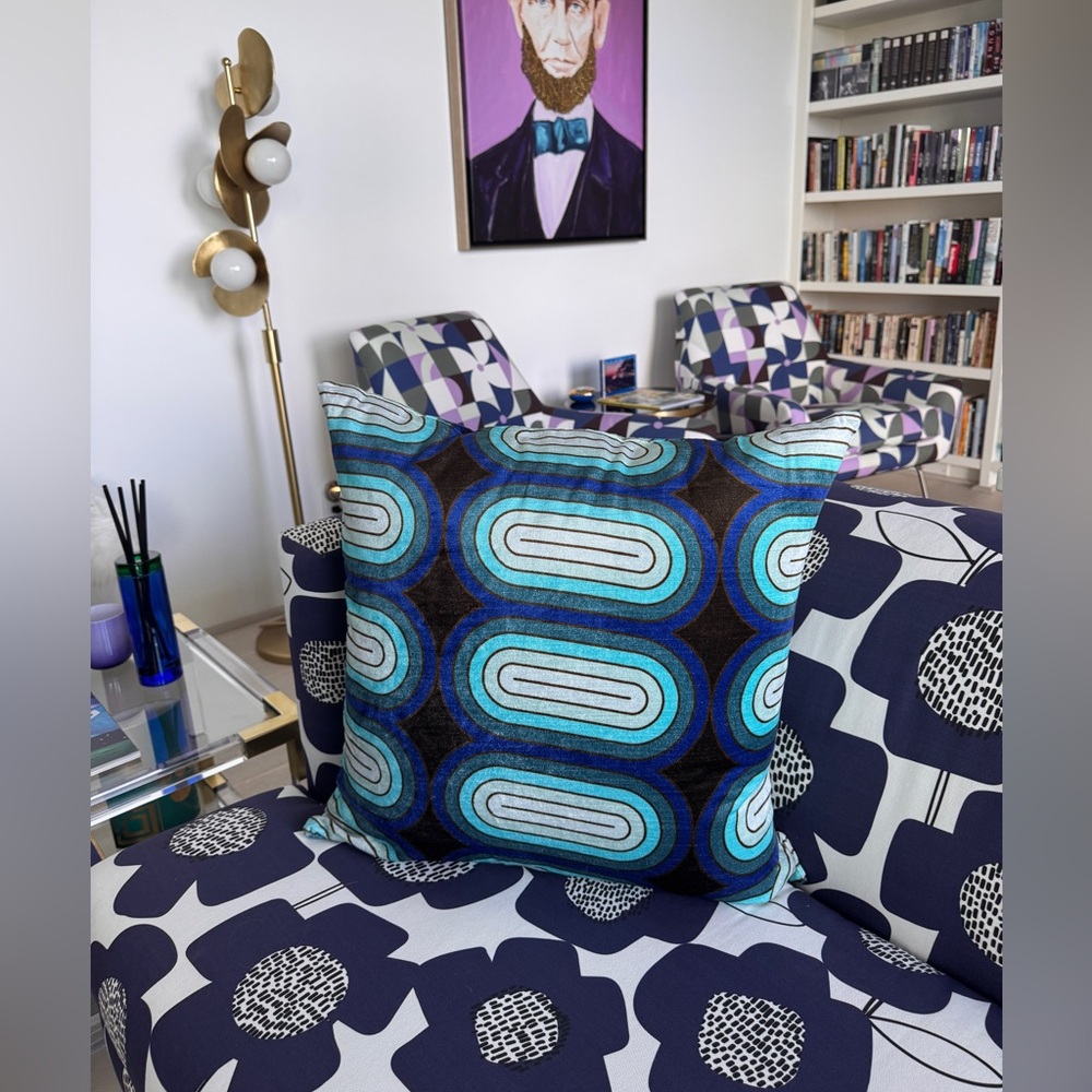 Jonathan Adler Madrid Capsules Velvet Pillow 22" Square Navy/Turquoise/White - Picture 3 of 4